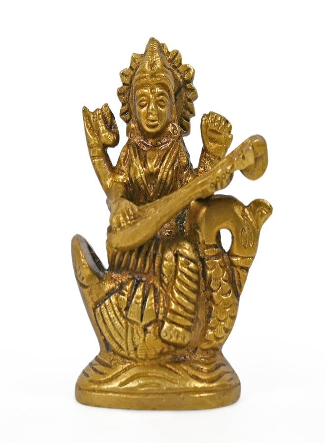 CRAFTHUT ELITE CRAFTHUT Brass Maa Saraswati Idol - 3Inch (275g) Goddess of Knowledge & Music Statue Sitting on Hans for Temple & Gift - Image 5